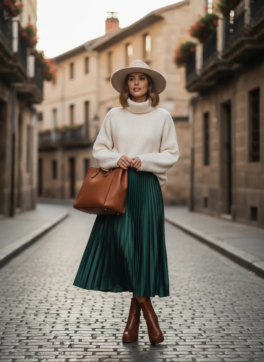 Midi Skirt & Chunky Turtle Neck