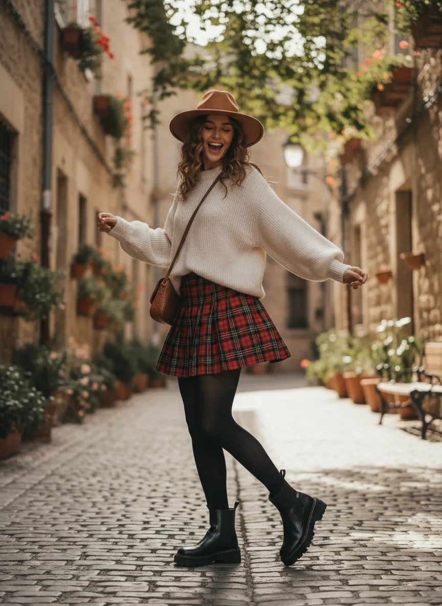 Plaid Mini Skirt & Tights